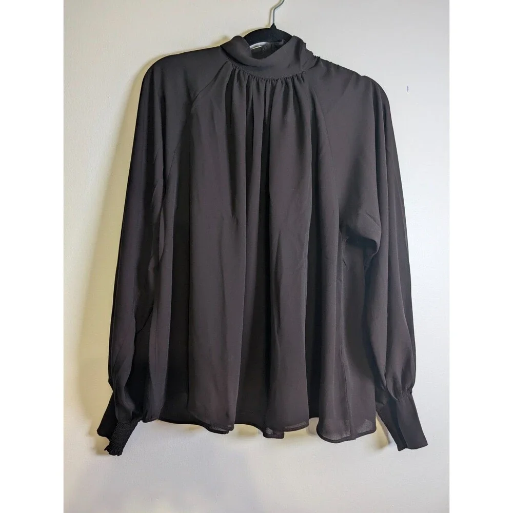 Madewell Chiffon Turtleneck Blouse XS Molasses Brown Smocked Cuff NWT NY352 - Picture 2 of 13